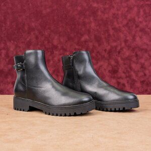 Calvin Klein Women Kalonie Black Faux Leather Moto Strap Zip Boots sz 9